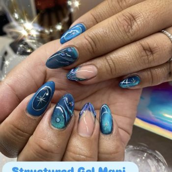 Client with blue structured gel manicure at Lacquer & Lashes Madera California